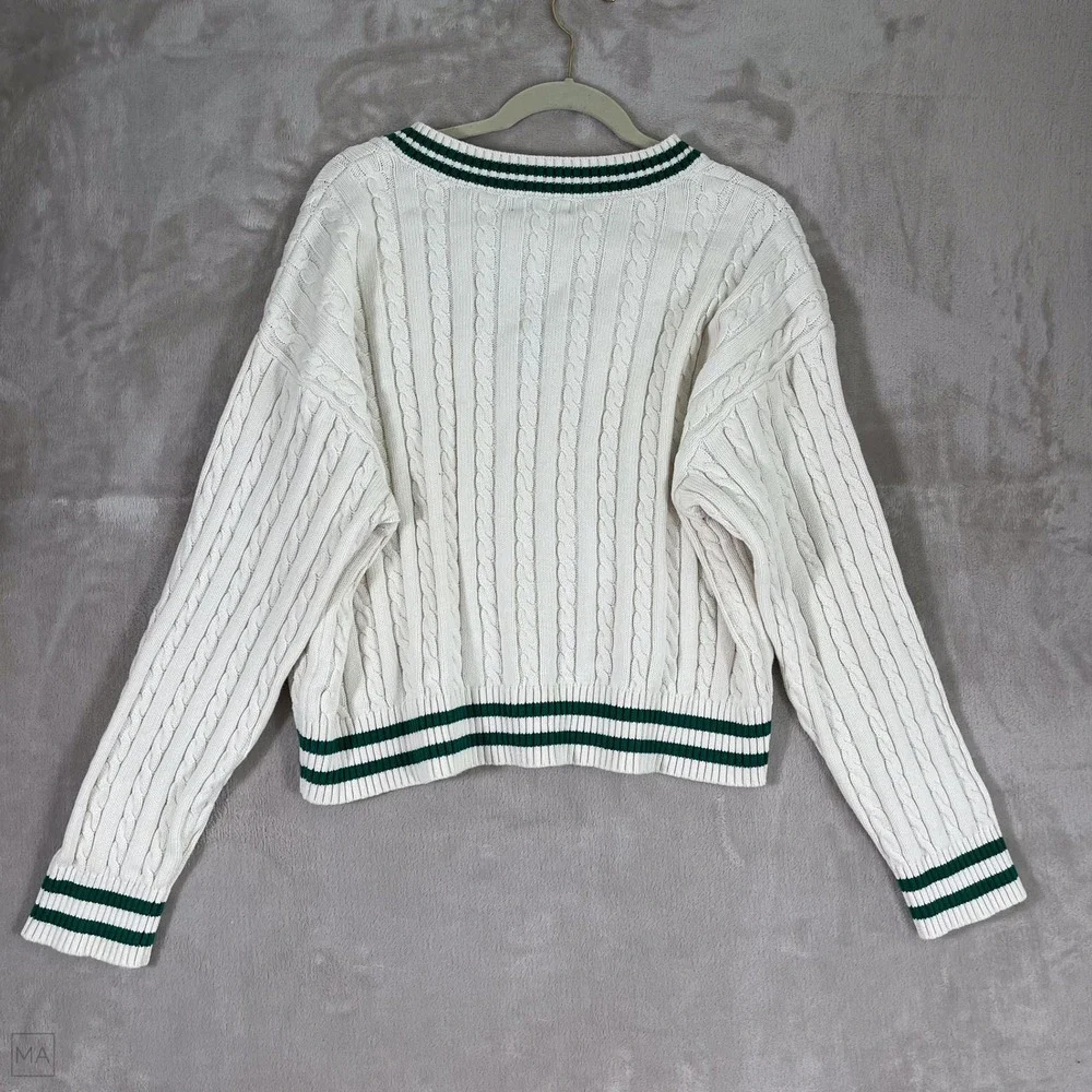 Prince Pickleball Womens Sweater Cable Knit Tennis Preppy V Neck XXL White/Green